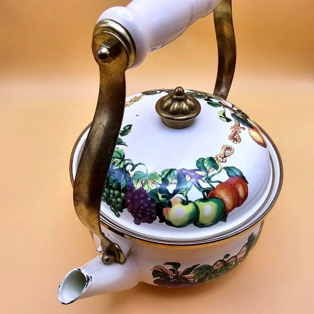 Vintage Enamel Fruit‎ Kettle 2 Quart Tea Pot White Gold Trim Induction Stovetop